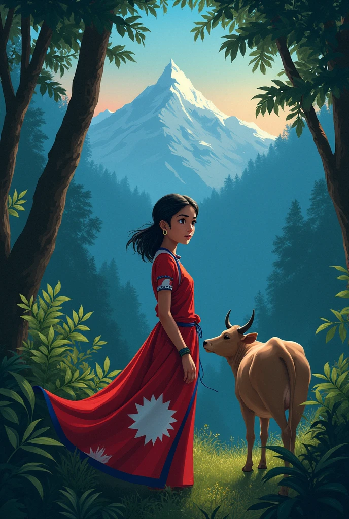 Girl wearing nepal flag dress in night at jungle with cow with mount everest background 