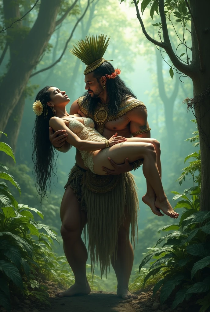Human body of Popocatépetl thin and iztlaciguatl carrying her on his arms and she dead in a jungle background and
