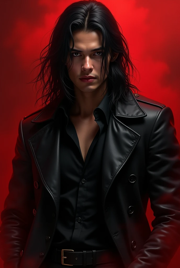 masterpiece, best quality:1.4), portrait Solo, male, man, young man, (((long hair))), ((dark eyes)), black hair, very long black hair ((black trench leather coat)), ((black shirt)), ((black pants)), an evil serious concentrated expression on his face, thin eyebrows, (red smoke everywhere)