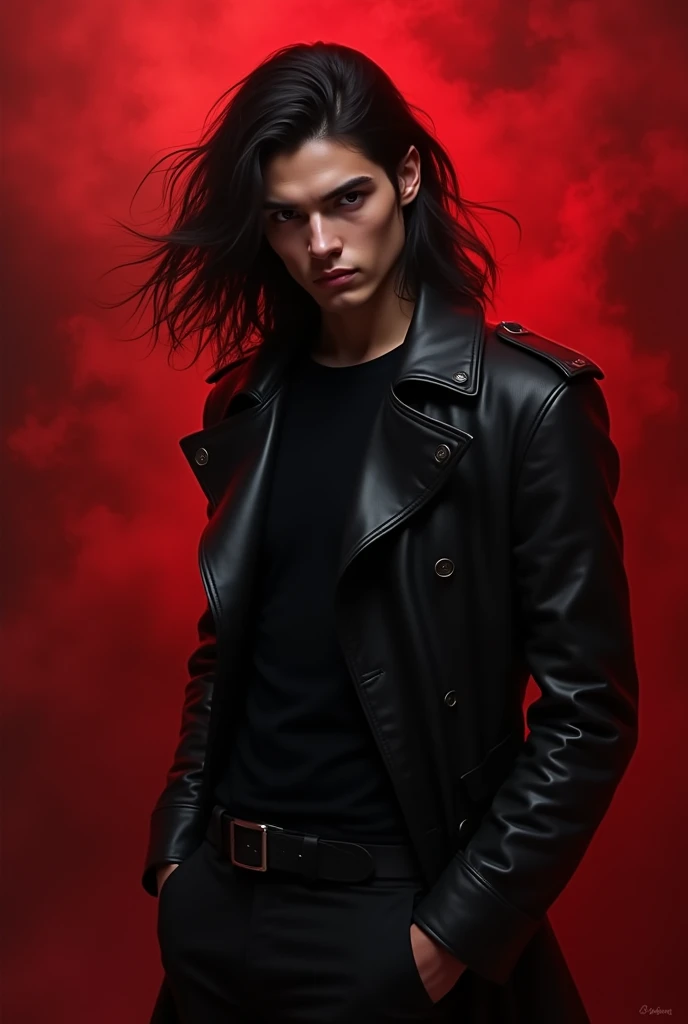 masterpiece, best quality:1.4), portrait Solo, male, man, young man, (((long hair))), ((dark eyes)), black hair, very long black hair ((black trench leather coat)), ((black shirt)), ((black pants)), an evil serious concentrated expression on his face, thin eyebrows, (red smoke everywhere)