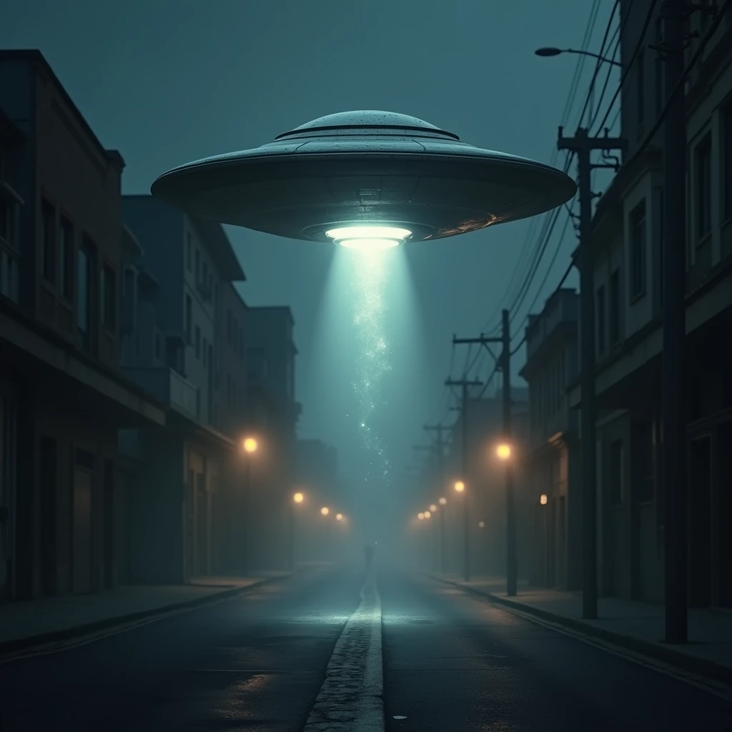 A UFO that is flying over a dark street and emitting an effect 