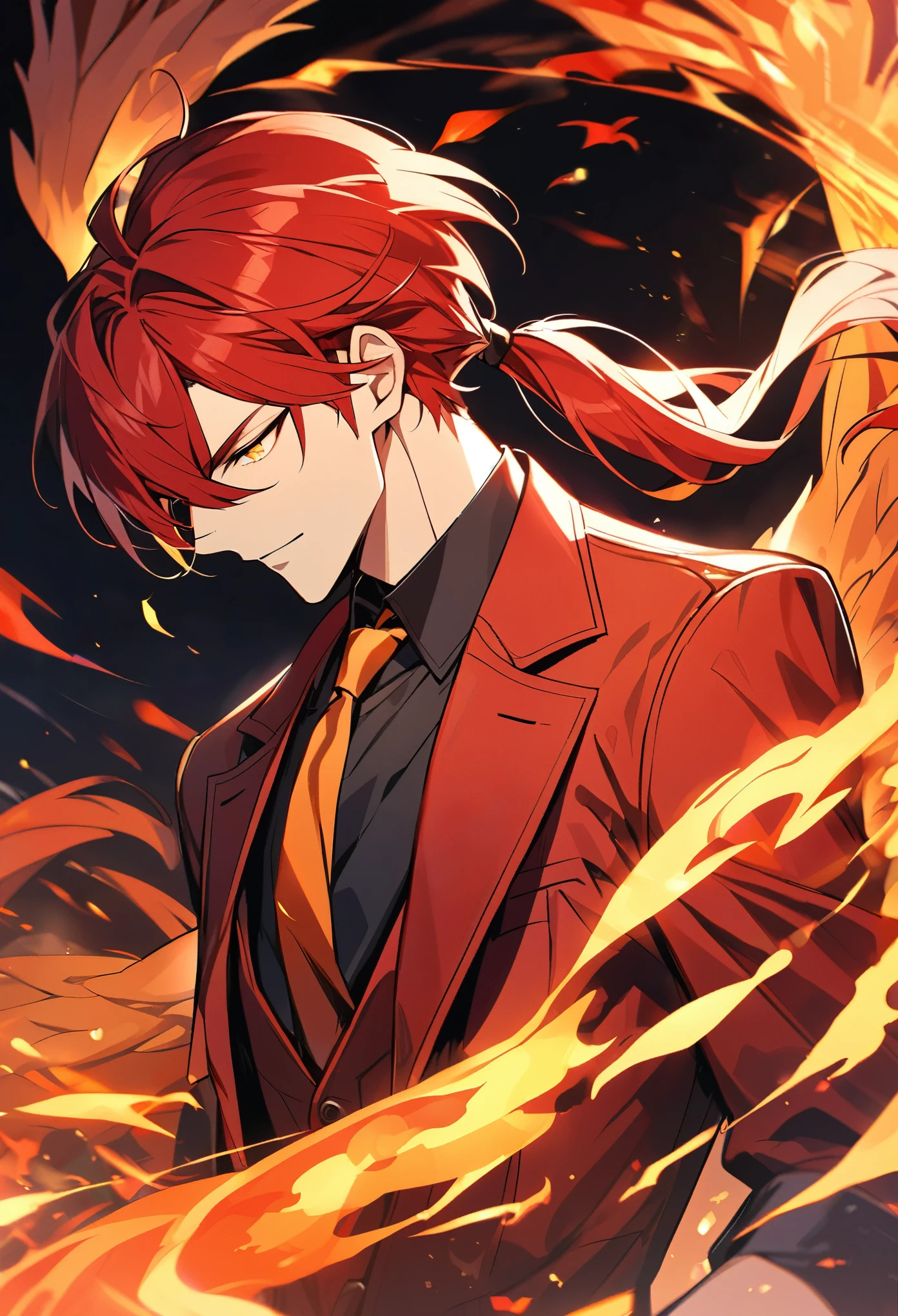 solo, handsome, 1 male, medium hair,  tie in ponytail, red hair, yellow eyes, black shirt, dark red coat, fire, phoenix