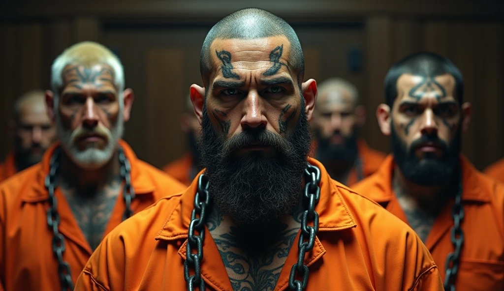 gang in orange prison clothes all tattooed up to their faces bearded man with his head all tattooed in court and chains around his neck very thick