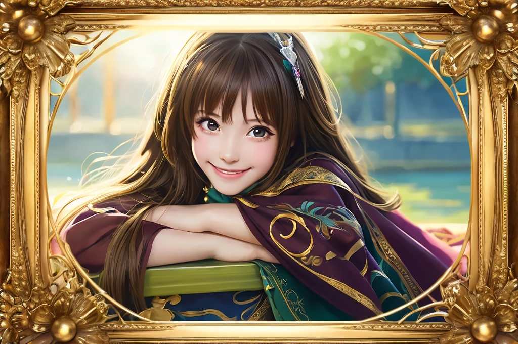 Highest quality masterpiece detailed A very cute girl is smiling and sitting on the horizontal bar Photo style Fantasy