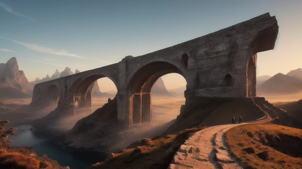 "A grand stone bridge suspended in the sky, connecting two towering mountain peaks. The bridge is adorned with ancient carvings and glowing runes, and the scene is bathed in soft, golden light as the sun rises or sets. Below the bridge, a sea of clouds stretches endlessly, creating a sense of wonder and the feeling of stepping into the unknown with each step across the bridge."