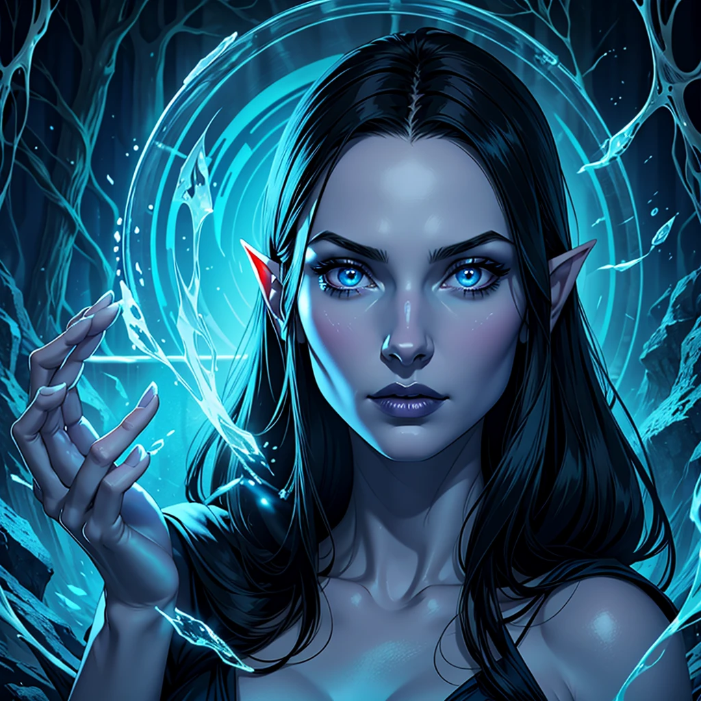 elven girl, porcelain skin, high cheekbones, sharp facial contours and graceful, delicate features, cold expression, hair thick, long and straight, blue-black, dark blue eyes with a slight underwater light coming from within, blue shadows around the eyes, her gaze is directed to the side, black robe, creates a transparent blue cube in her hands, blue cubes in the background