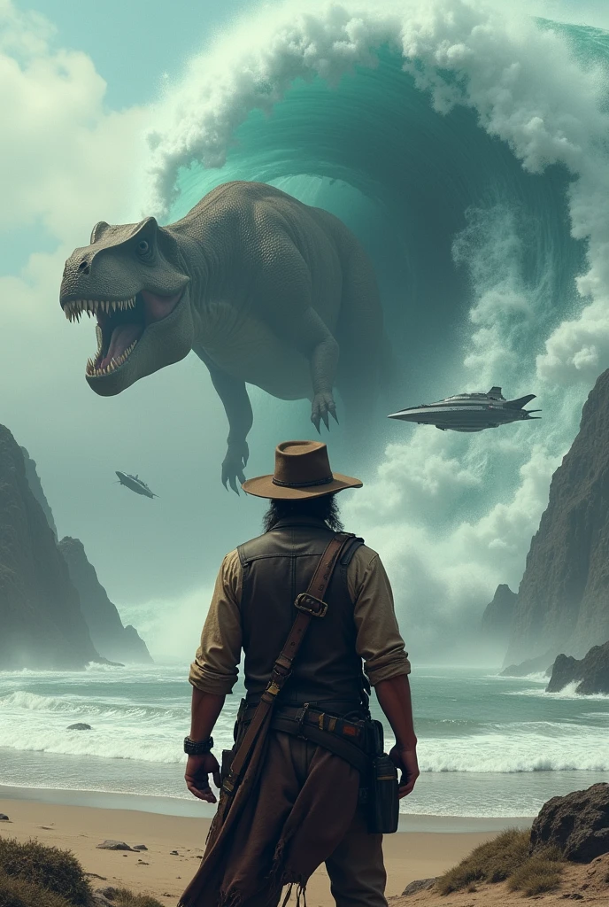A dinosaur, a spaceship, a tsunami, a man in a hat, a sea monster