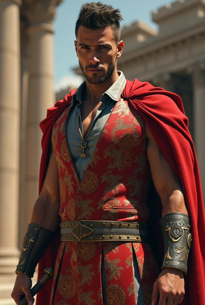a gladiator from roman empire wearing 90s suite
