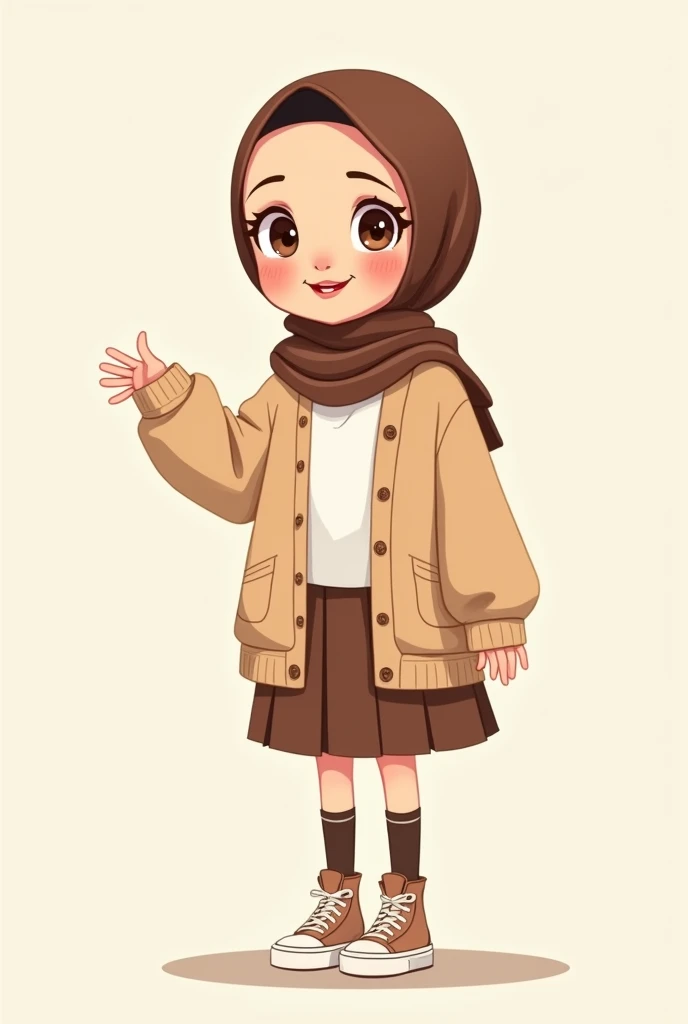 Cartoon with text:
(Masterpiece, best quality, 4k, expressive eyes, perfect face), cute and adorable girl, little cartoon girl, (beautiful face, detailed eyes), wearing brown hijab, (flat style,, hand drawn style, 2d style, Cartoon artstyle, toon style), (oversized beige cardigan, white shirt, brown skirt, brown socks, air force sneakers), (full body view, funny pose)