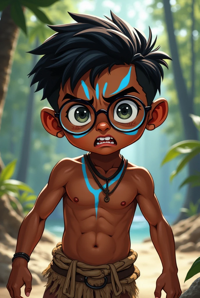 A dark-skinned boy with blue lines on his face and round glasses, with a fearful but enthusiastic expression,wearing loincloth , with a cartoon art style,comic, Whole body