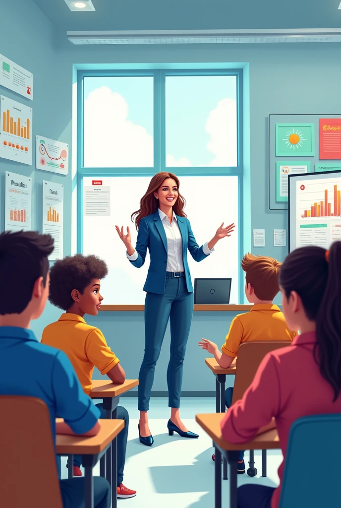 A dynamic illustration of a teacher interacting with students in a modern classroom, emphasizing innovation in education.