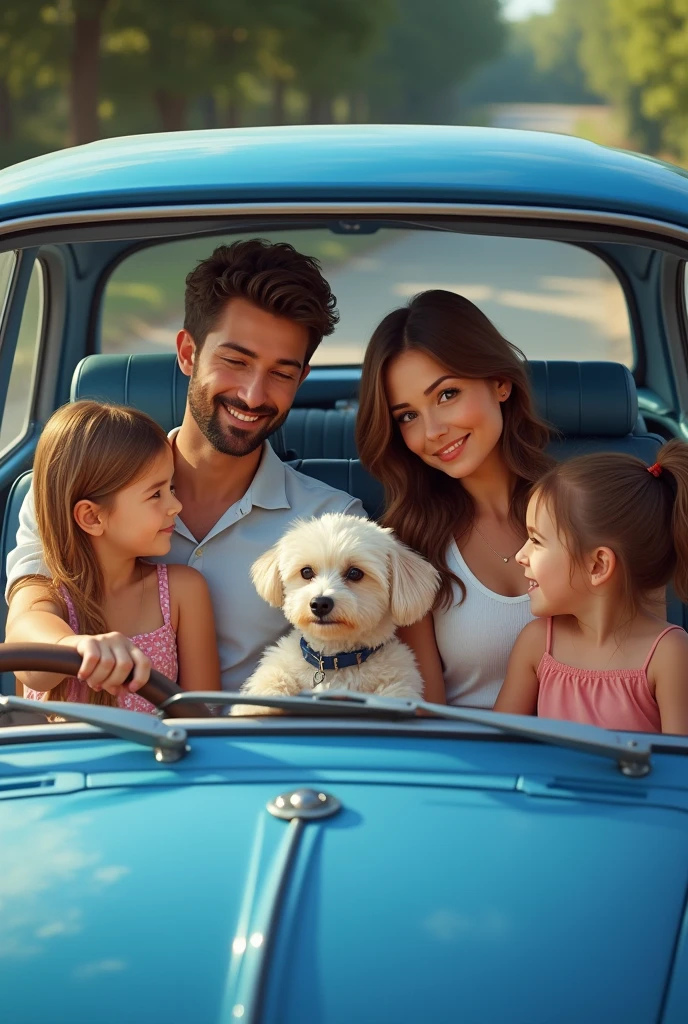 man and woman , with two daughters and a small white dog in a blue car
