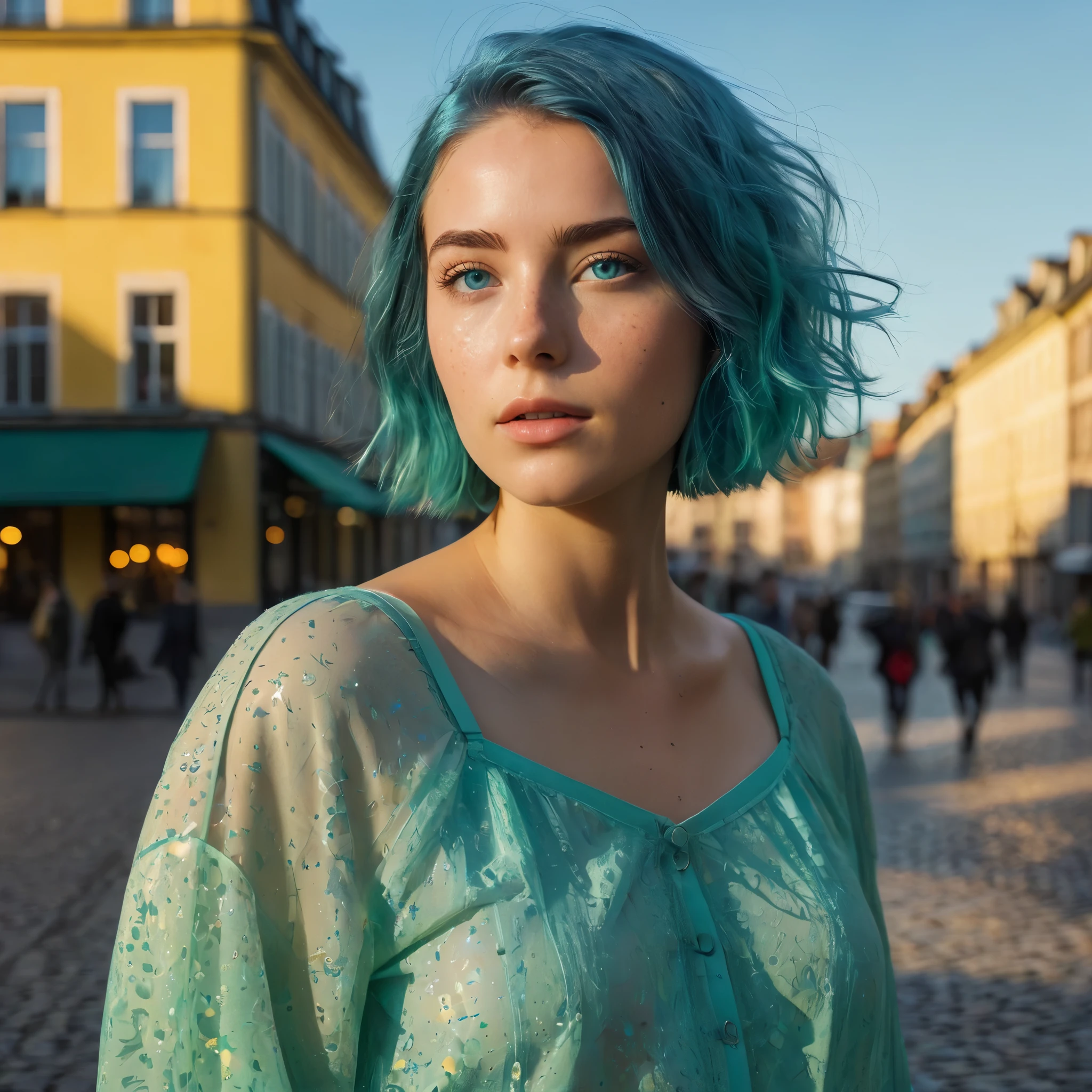 (((Woman, 20 Years Old, Nordic Ethnicity, short blue hair, perfect face, light freckles, Blue-Green Eyes))), (((standing confidently in a city square during sunset, full body visible))). ((Wearing a stylish, elegant outfit that flows naturally with the breeze, capturing the golden hues of the sunset)). ((Soft breeze gently moving her hair and clothing)). (((Sunset lighting casting a warm, golden glow on her entire figure, creating long shadows on the cobblestone square))). (Background includes elements of the city square, such as historic buildings, street lamps, and scattered people in soft focus, all bathed in the warm light of the setting sun)). (((Color palette - turquoise, neon green, yellow shades))), (best quality, 8k, masterpiece, ultra-detailed, photorealistic, sunset lighting, sharp focus, full body).