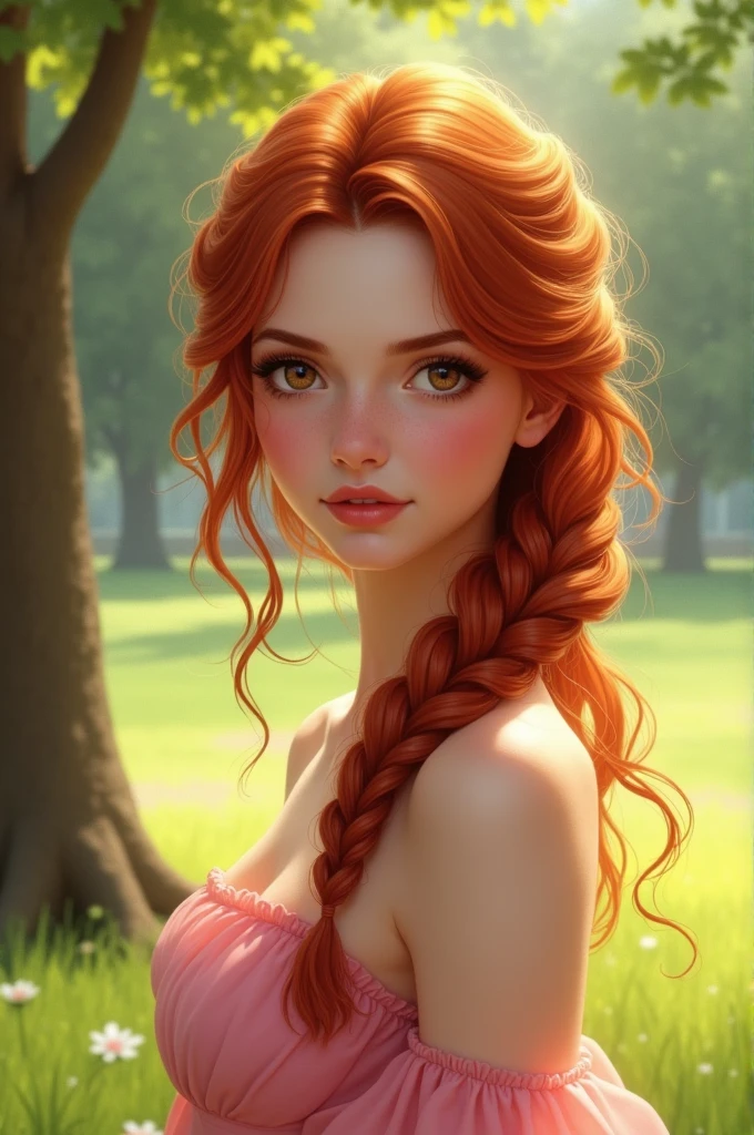 Young white woman with light brown eyes and red hair wearing a braid thrown over her shoulder in a park next to a tree on a lawn on a sunny day. wearing a pink strapless one