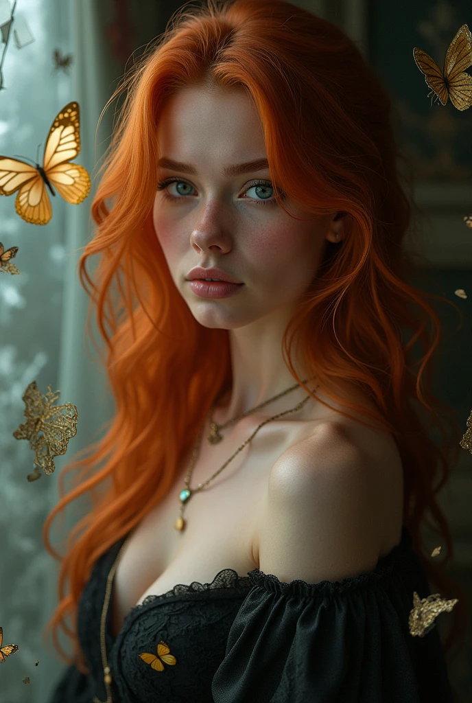 (solo, full body photo:1.3), (action packed:1.3), (haze, fog, mist:1.3), chiaroscuro, best quality, photorealistic, 1woman, (cute), (24yo:1.2), redhead, long ginger hair highly detailed, 1700'S, digital photography, art by artgerm and ruan jia and greg rutkowski surreal painting gold butterfly filigree, broken glass, (masterpiece, sidelighting, finely detailed Fashionable eyes: 1.2) (perfect oval large eyes that gazes at the viewer), beautiful detailed face, blue gorgeous perfect eyes, (blonde hair ponytail), (attractive young woman:1.3), (thick amazing hair), (seductive:1.1), (blushing:1.1)