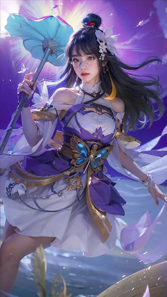 8k wallpaper, masterpiece, movie lighting, best quality, illustration, dramatic angle, ((color: 1.1)), ((color inner hair: 1.4)), 1girl, solo, long hair, water, blue eyes, black glasses, choker, parted lips, white choker, liquid hair, black hair, bangs, from side, side, upper body, simple background, gray background, bare shoulders, portrait, looking at the audience, white dress, hair between eyes, white background, earrings,