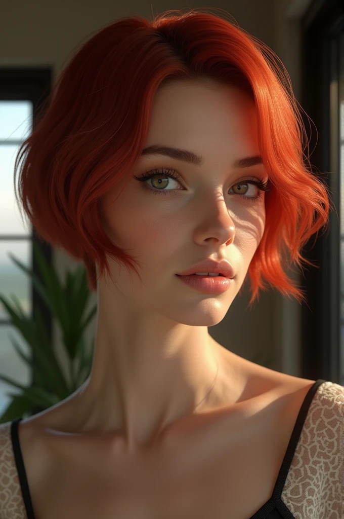 Beautiful mature woman with ultra short bob haircut, shaved layered nape, view of 1/3 of two, Red hair