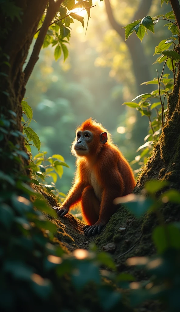  A monkey in the forest with red long hair curiously watches a TV program about people, living in the jungle. high quality, realistic, Resolution 16 KB, Nikon Z9, digital photography, ultra-textured, realistic photography, Cinematic effect, soft light, soft shadows, high quality volumetric lighting,