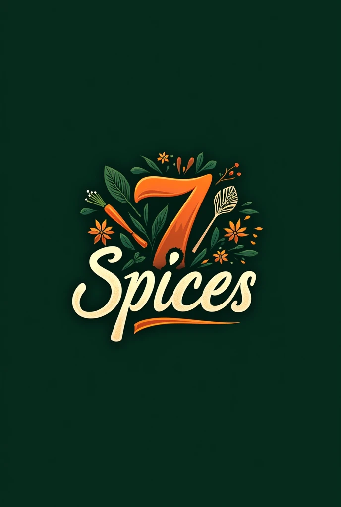 Generate a esthetic and cool logo of a restaurant name 7 spices with dark green background and food items