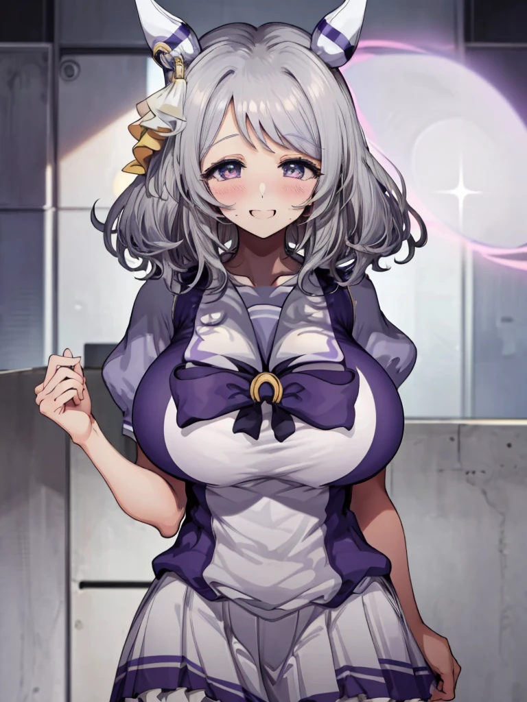 (((masterpiece))), ((Highest quality)), 1 person, One Woman, alone,Glowing Skin,(Bust Shot),hishi miracle, horse ears, hair ornament, horse tail, tracen school uniform, purple shirt, puffy short sleeves, white skirt, white thighhighs, Gray Hair,(Detailed Eyes), ((((Very large breasts)))),smile、((blush)),