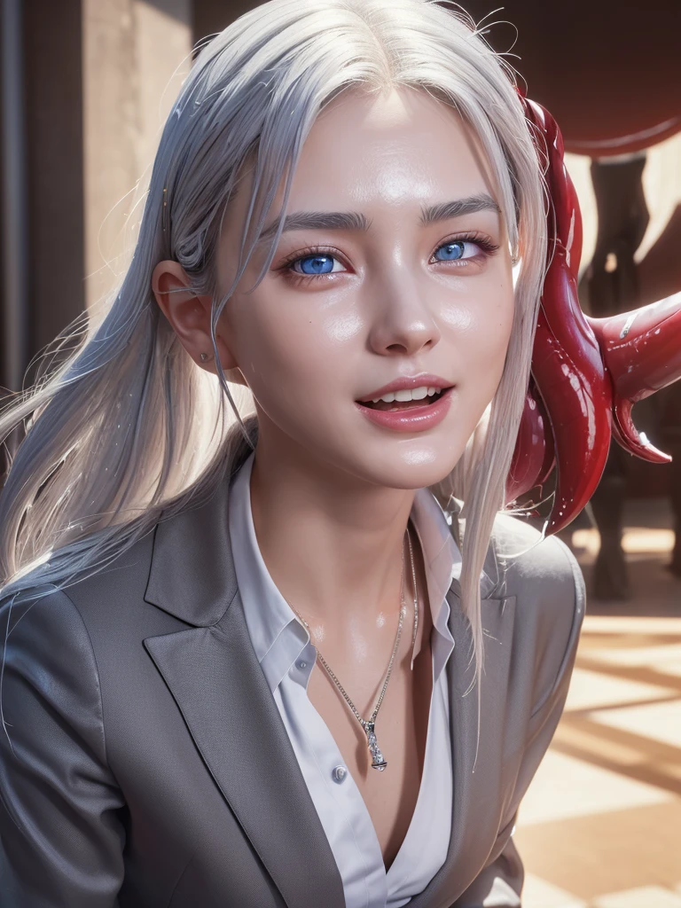 NSFW,Correct human anatomy、(a ultra cute beautiful girl wearing office suit:1.5),(charming smile:1.25),large clear light blue eyes,droppy eyes,balanced eyes,transparent white skin,(silver hair:1.5),photorealistic, 8k, ultra-detailed, masterpiece, realistic, vivid colors, beautiful detailed eyes, beautiful detailed lips, extremely detailed face, intricate details, hyper realistic, cinematic lighting, dramatic shadows, stunning composition, intense atmosphere, highly detailed skin, exquisite facial features, volumetric lighting, raytraced global illumination, physically-based rendering, professional digital art,high resolution fix,(sexual climax:1.75)