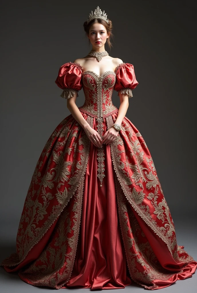Striking red imperial dress with lace, embroideries, pearls and gemstones. Voluminous skirt supported by a petticoat. defined waist, puff sleeves, and cut into heart or square