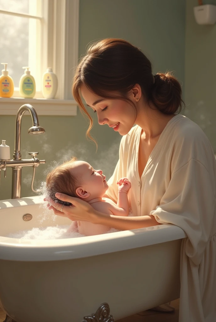 A mother bathing a baby in a tub washing her baby's hair with Johnson baby shampoo