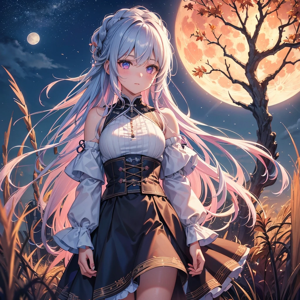(Braiding),(Sky blue medium hair), (Pink eyes),(Fair skin) ,(whole body),(One Girl),(harvest moon),(A large amount of Miscanthus sinensis in the background),autumn,(full moon),(masterpiece, Highest quality, Very detailed, Best Shadow), (Detailed Background), (Beautifully detailed face), High Contrast, (Best lighting, Very delicate and beautiful), ((Cinematic Light)), Hyper Detail,8k, Dramatic Light, Intricate details,Maple
