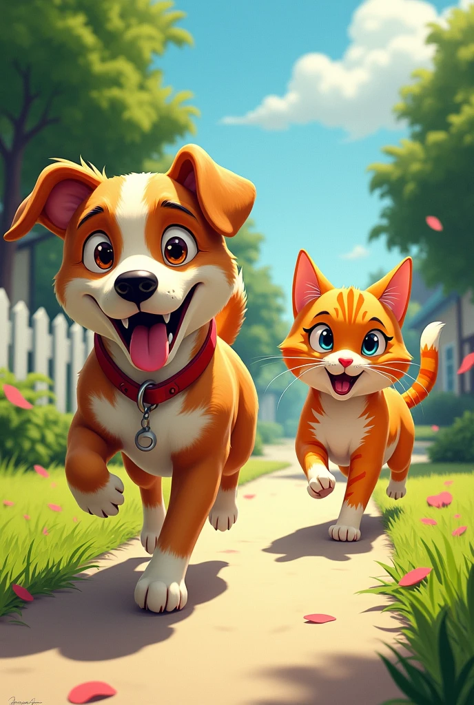 a dog chasing a cat