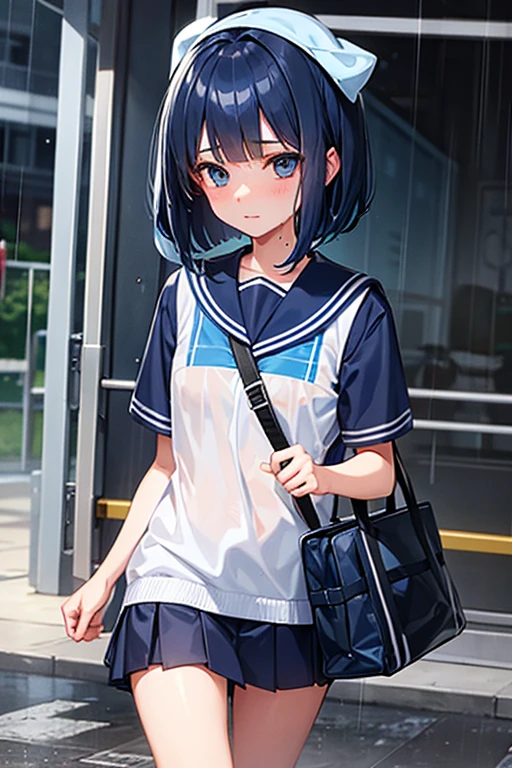 Junior high school student, wet uniform, indigo blue hair, short bob, running in heavy rain, carrying bag on head