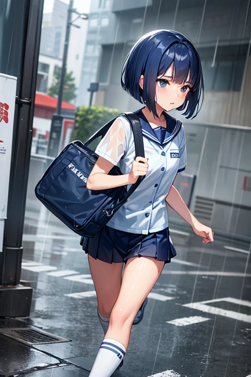 Junior high school student, wet uniform, indigo blue hair, short bob, running in heavy rain, carrying bag on head