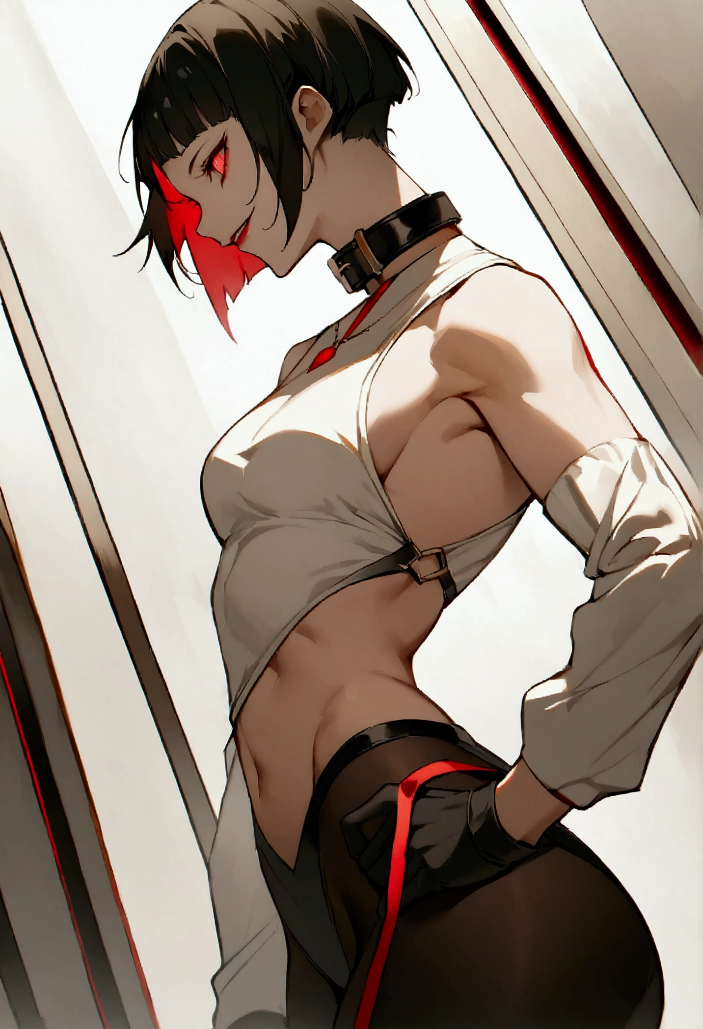 fully body,standing,alone,short hair,work of art,face detailed,young fitness linda,Wearing black pantyhose,tight white sweater with collar ,neckleace,evil smile,red eyes glowing,labiaa,eye shadow,bangs on the eyes,black gloves,from sideways,perfil from sideways
