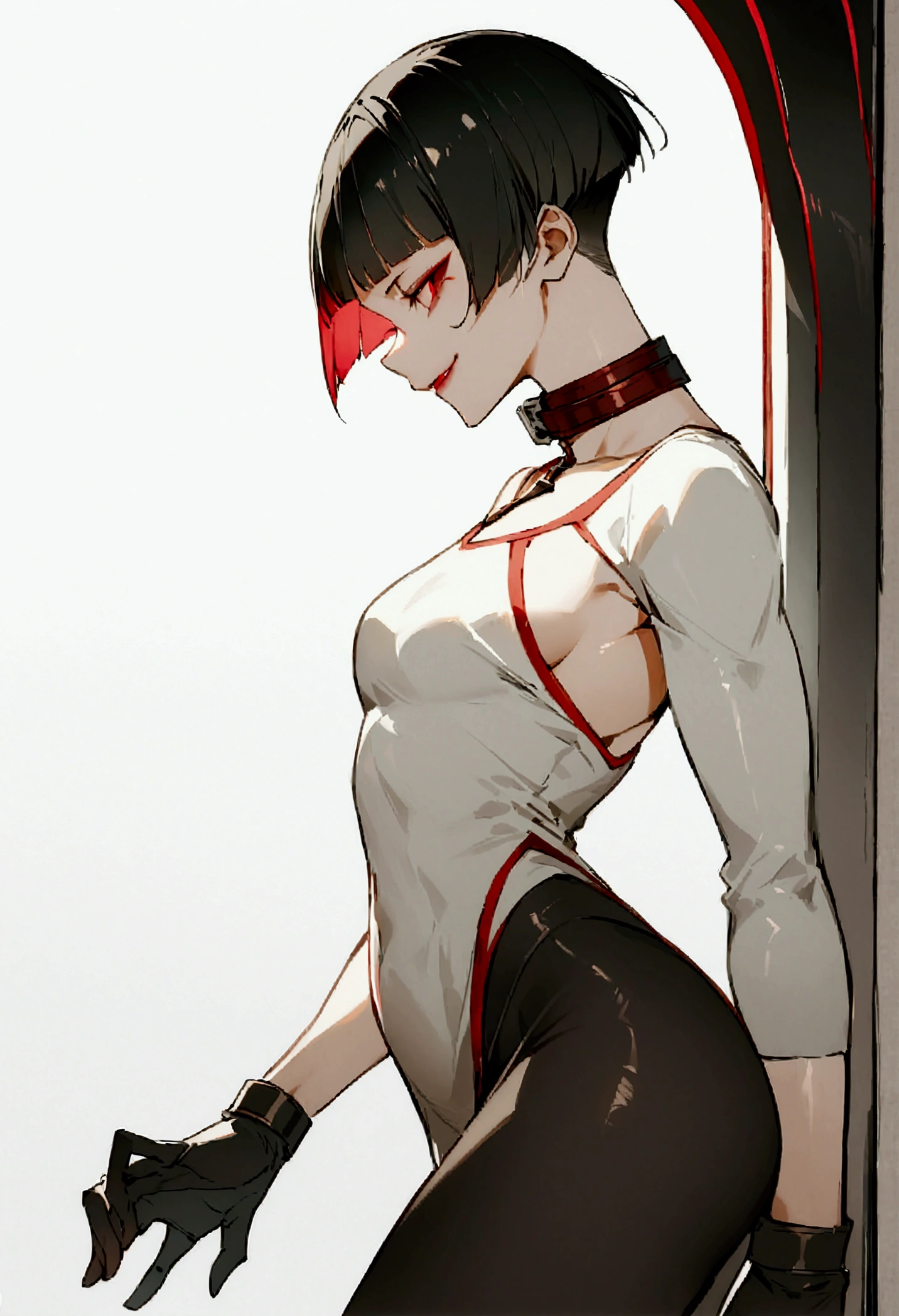 fully body,standing,alone,short hair,work of art,face detailed,young fitness linda,Wearing black pantyhose,tight white sweater with collar ,neckleace,evil smile,red eyes glowing,labiaa,eye shadow,bangs on the eyes,black gloves,from sideways,perfil from sideways
