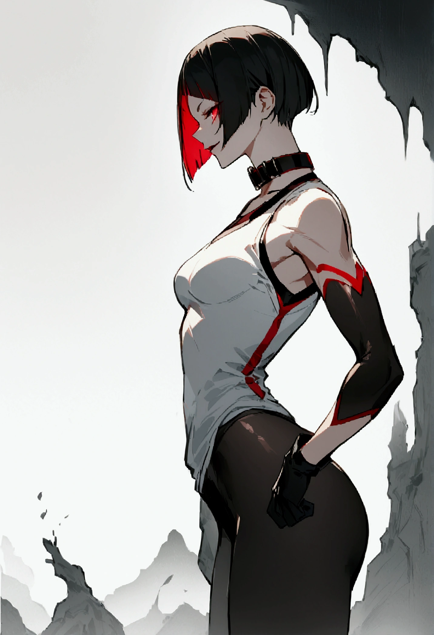 fully body,standing,alone,short hair,work of art,face detailed,young fitness linda,Wearing black pantyhose,tight white sweater with collar ,neckleace,evil smile,red eyes glowing,labiaa,eye shadow,bangs on the eyes,black gloves,from sideways,perfil from sideways
