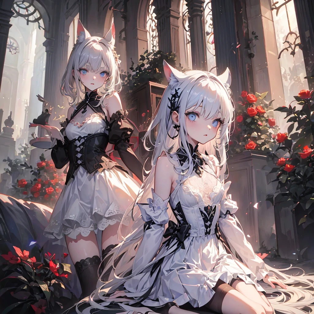 silver hair, dog ears, white dress,wavy hair,delicate features quiet gaze,beautiful half body illustration,beautiful backgraund,atmospheric lighting,sharp focus,vlumetric lighting,cute face,reduce saturation,fine detailed face,small nose and mouth,volumetric top lighting,bold line painting, soft shadow,((masterpiece, best quality)), (1girl), (solo), (female focus),small breasts,flat tits,ta,short height,skinny girl,blue eyes,open legs,animal ears,