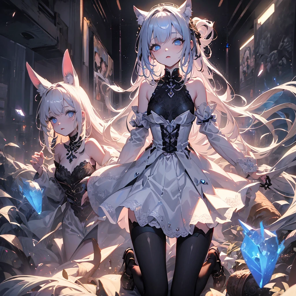 silver hair, dog ears, white dress,wavy hair,delicate features quiet gaze,beautiful half body illustration,beautiful backgraund,atmospheric lighting,sharp focus,vlumetric lighting,cute face,reduce saturation,fine detailed face,small nose and mouth,volumetric top lighting,bold line painting, soft shadow,((masterpiece, best quality)), (1girl), (solo), (female focus),small breasts,flat tits,Lolita,short height,skinny girl,blue eyes,open legs,animal ears,
