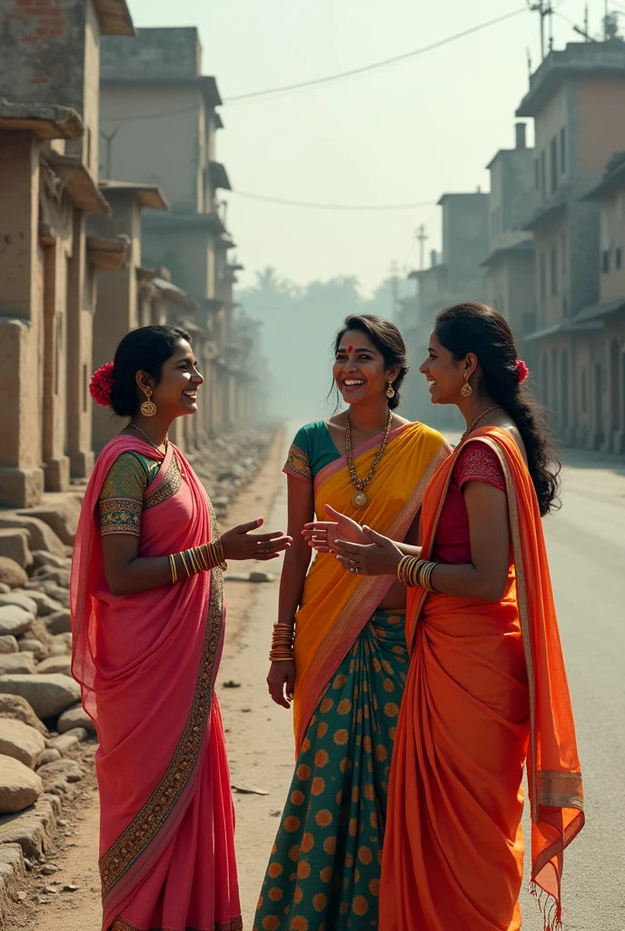 poor infrastructure in india with broken buildings cracked highways with 3 women talking happily with each other beside highway
