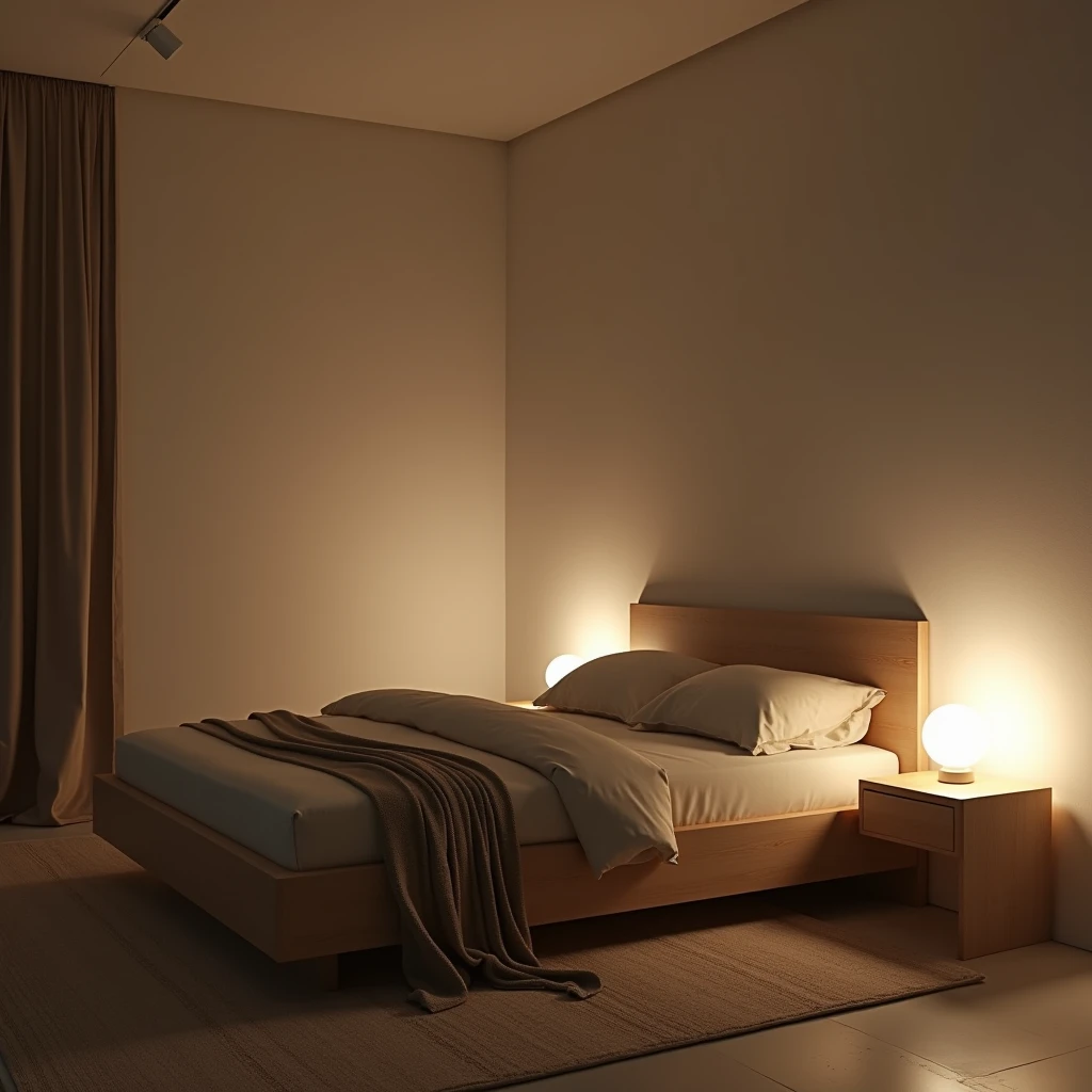 A minimalist bedroom at night with soft, subdued lighting. The room features a clean, uncluttered design with simple, modern furniture. The bed is elegantly made with neutral-colored linens, and there may be a small, unobtrusive bedside table with a minimalist lamp casting a gentle, ambient glow. The walls are light in color, and the room’s decor is sparse, focusing on simplicity and tranquility. Soft shadows and the warm light create a serene and inviting atmosphere, ideal for rest and relaxation