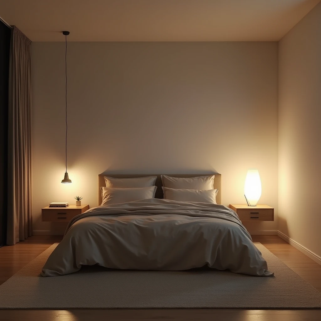 A minimalist bedroom at night with soft, subdued lighting. The room features a clean, uncluttered design with simple, modern furniture. The bed is elegantly made with neutral-colored linens, and there may be a small, unobtrusive bedside table with a minimalist lamp casting a gentle, ambient glow. The walls are light in color, and the room’s decor is sparse, focusing on simplicity and tranquility. Soft shadows and the warm light create a serene and inviting atmosphere, ideal for rest and relaxation