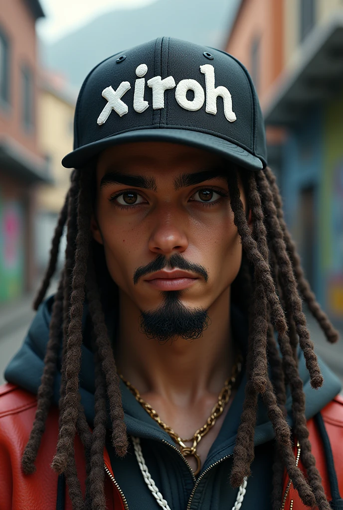 White-skinned boy with long dreadlocks and a goatee with a cap where the text XiroH is written graffiti style with street wear clothes 4k realistic unreal engine 5 detailed maximum resolution