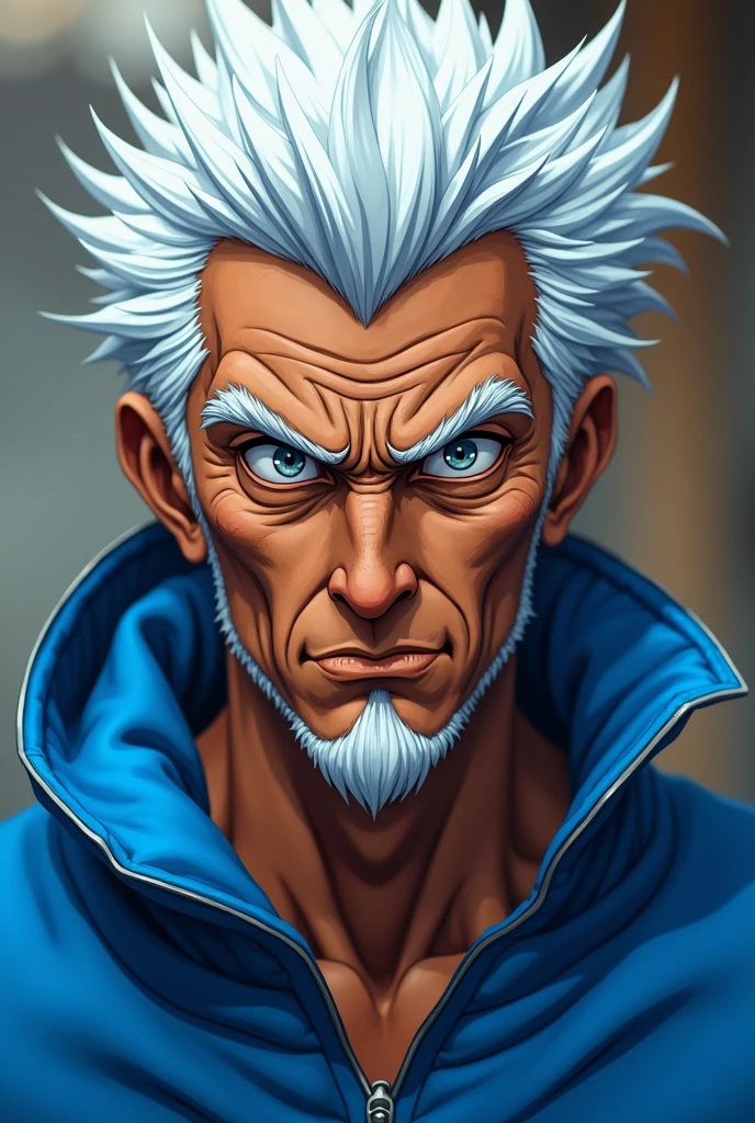 A close-up of a person with white hair and a blue jacket, Gintama, Gintama Gintoki, a silver haired mad, 8k!, he has black skin 