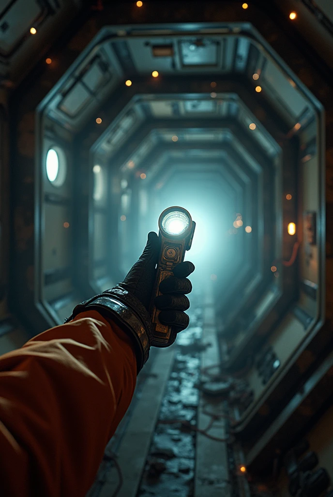 Spaceship internal view, FIRST PERSON PERSPECTIVE CREWMAN, only one arm appears holding a flashlight, the ship's electricity was damaged
