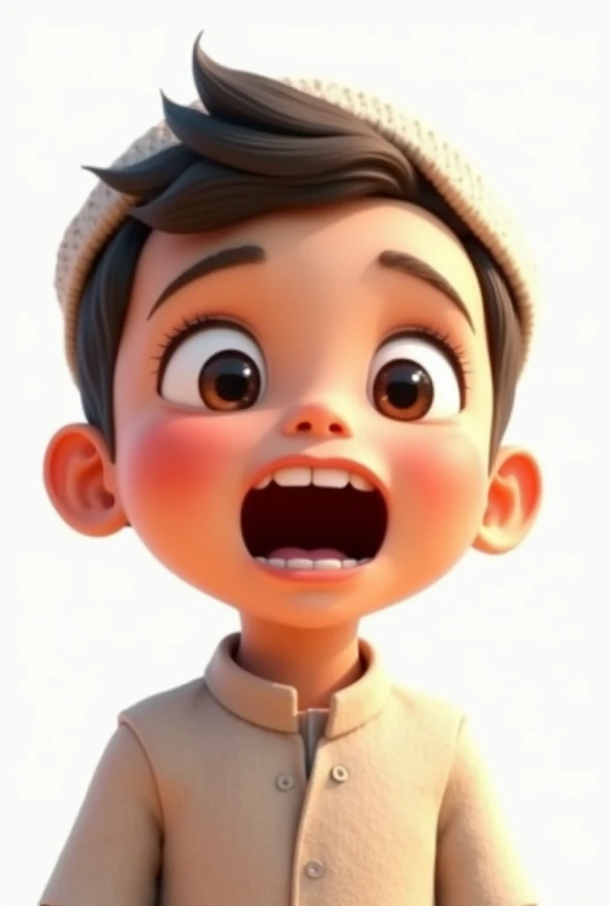 An animated image of Muslim little kid gasping in white background 