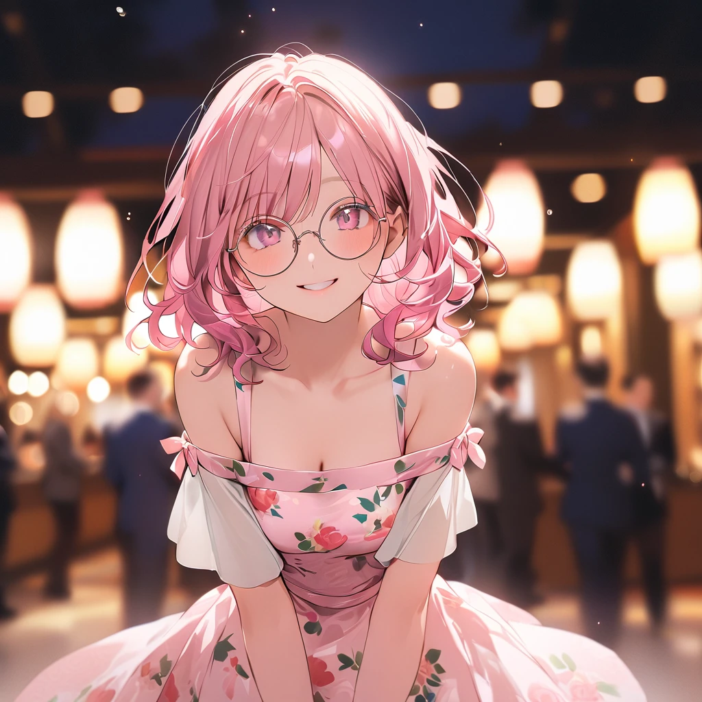 pretty girl, 20-year-old, smile, Medium chest, Deep pink eyes, Pale pink hair, Short bob hair,Wavy Hair,Round Glasses, Wearing a white and pink floral dress, Off the shoulder, Are standing, close, Put your arms down, Background blur, Blurred