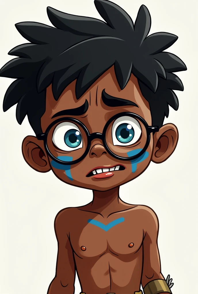 A dark-skinned boy with blue lines on his face and round glasses, with a fearful but enthusiastic expression,wearing loincloth , with a cartoon art style,comic, Whole body