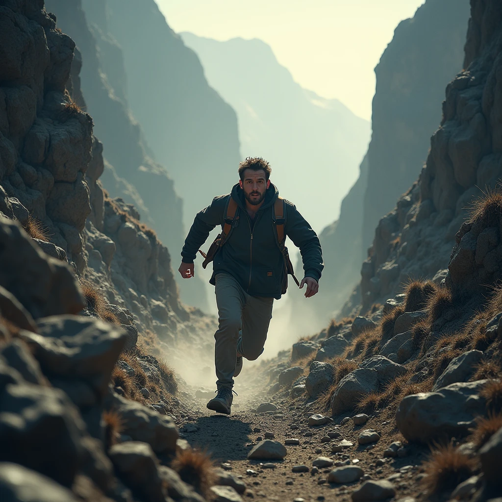 A person running through a rugged, mountainous terrain, their face determined and their body straining. Behind them, a horde of shadowy figures representing doubt and temptation chase after them. The person must overcome obstacles and dangers to reach their ultimate goal: to spread the good news of God's grace.