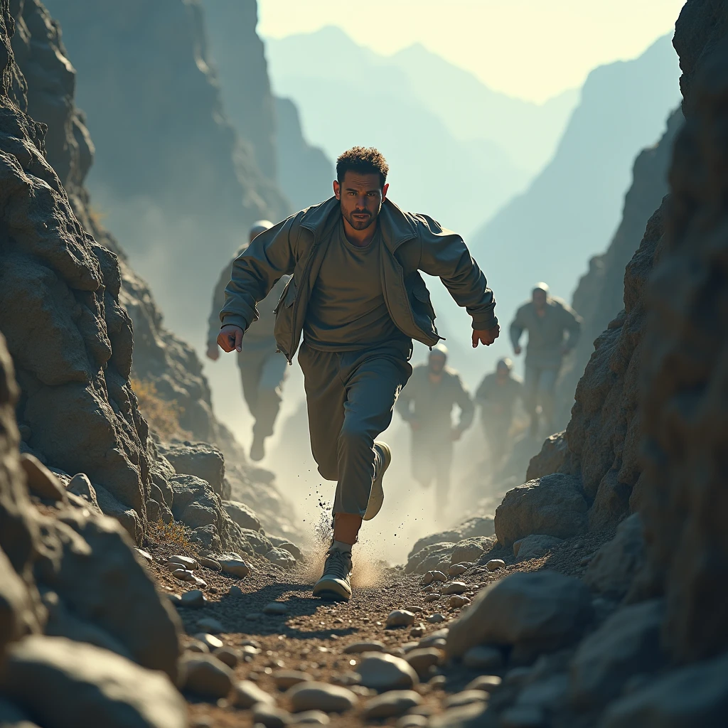 A person running through a rugged, mountainous terrain, their face determined and their body straining. Behind them, a horde of shadowy figures representing doubt and temptation chase after them. The person must overcome obstacles and dangers to reach their ultimate goal: to spread the good news of God's grace.