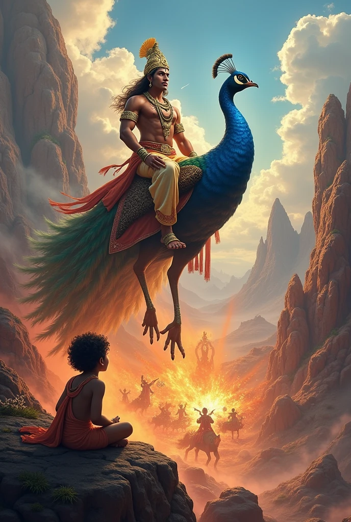 Envision a captivating scene with Lord Murugan, the revered deity, majestically seated upon his divine peacock. The background features dramatic, towering mountains, painted with vivid hues to capture a sense of awe and grandeur. The peacock’s feathers glisten brilliantly, and Lord Murugan, dressed in resplendent attire, embodies a blend of grace and strength.In the foreground, an intense battle rages on, showcasing the divine warrior's role in safeguarding the cosmos. The chaos of the conflict is set against the serene and commanding presence of Lord Murugan, underscoring his role as both protector and leader.From a child’s perspective, the scene is even more vivid. The child gazes in awe at the grandeur of Lord Murugan and the epic battle unfolding on the mountain. Their wide eyes reflect a mix of wonder and excitement, captivated by the celestial drama and the divine heroism displayed. This perspective adds a layer of innocence and amazement, highlighting the epic scale of the divine intervention and the powerful imagery of the battle above.