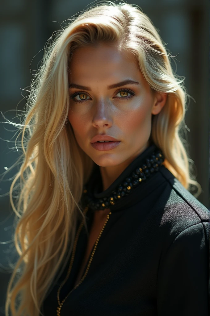 Create a cover that portrays a woman in the spotlight, white and blonde, with caramel brown eyes, shrouded in an aura of mystery and power She is positioned in the center of the image, with a determined expression and a deep gaze, suggesting her connection with fate and time. She is dressed in clothes that mix modern elements.