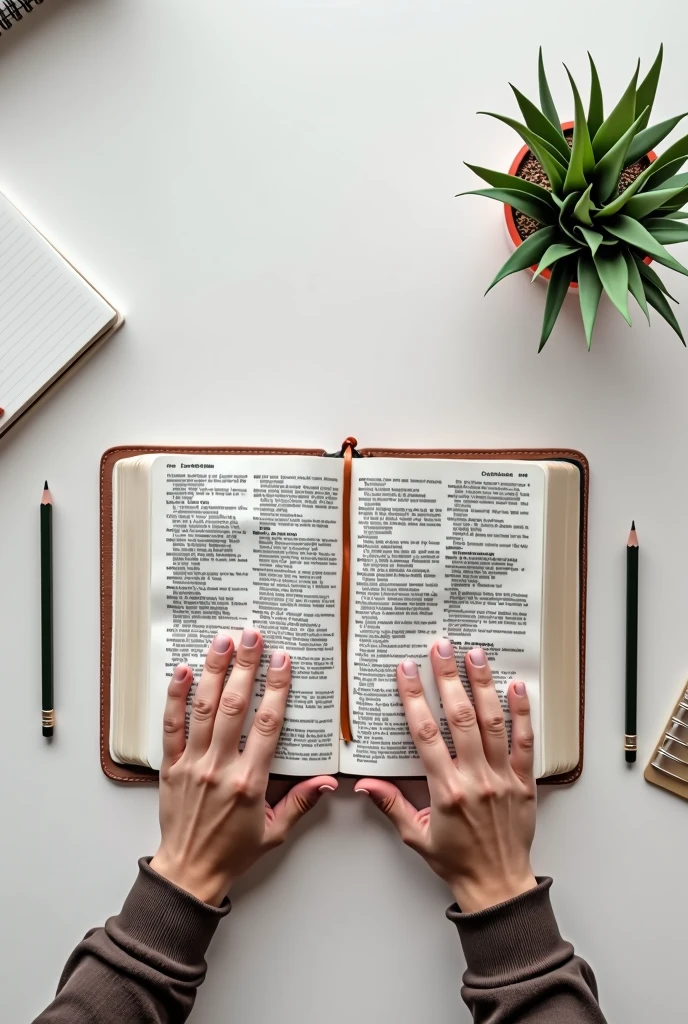 Open bible centered on white desk with pencil on the sides and notebook next to it, hands of a person with a study attitude, aerial view